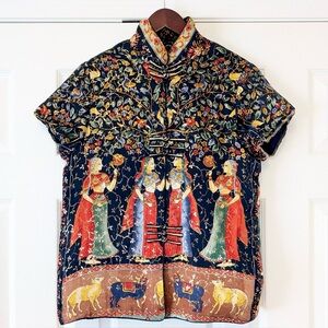 100% Silk 1980s Vintage Indian Gold Thread Tunic Shirt Oriental Pichwai Art